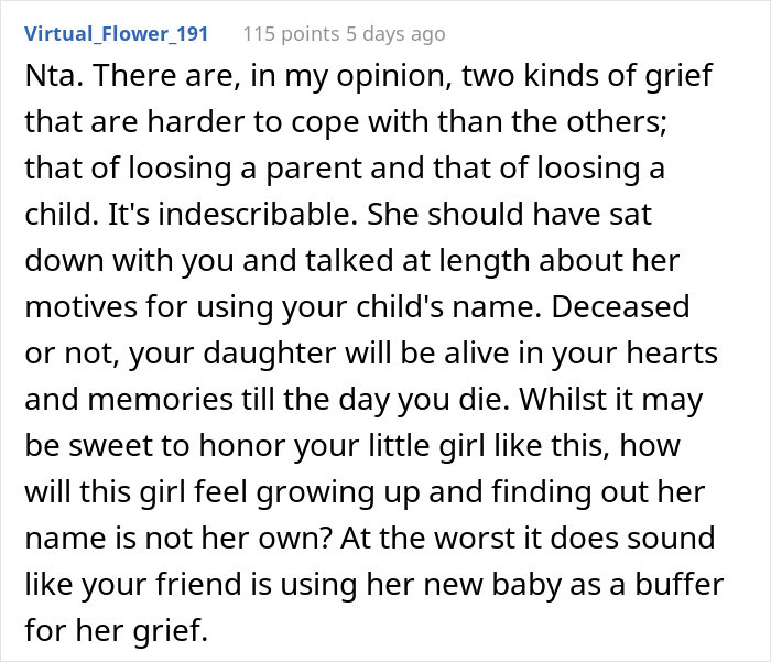 "Am I A Jerk For 'Belittling' My Friend's Grief After She Named Her Daughter After My Deceased One And Refusing To Be Her Daughter's Godmother?" "Am I A Jerk For 'Belittling' My Friend's Grief After She Named Her Daughter After My Deceased One And Refusing To Be Her Daughter's Godmother?"