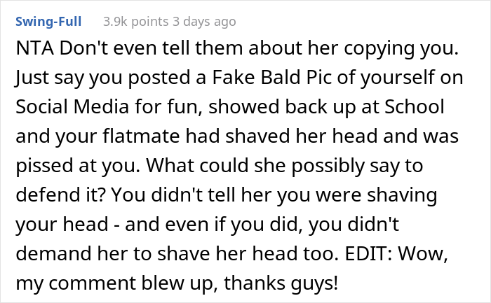 Student Decides To Test If This Flatmate Is Really Copying All Her Looks, Fakes Shaving Her Head As A Trap, Drama Ensues