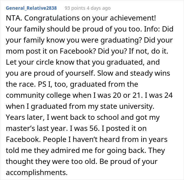 Woman Graduates From Community College But Her Family Thinks It's Nothing Compared To Her Cousins' University Degrees, Drama Ensues