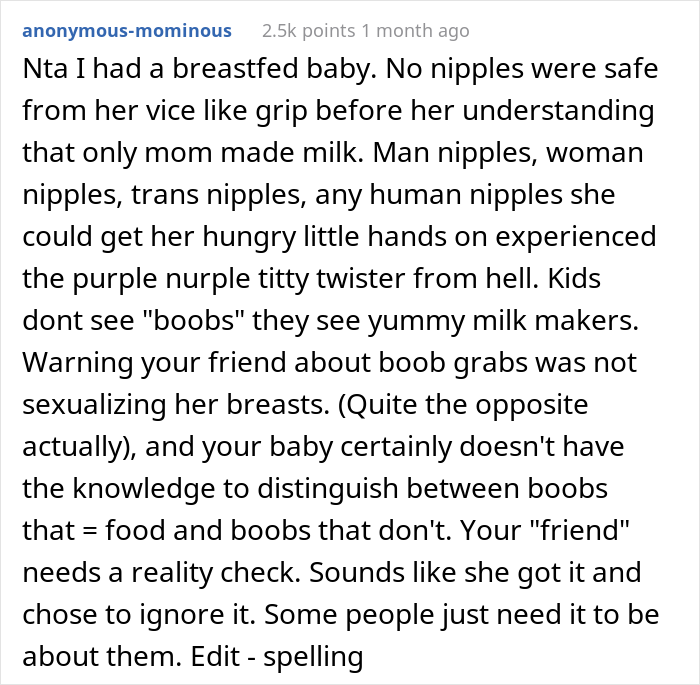 New Mom Warns Her Friend To Wear A Bra Before Meeting Baby, She Doesn't Listen And Calls Her Misogynistic