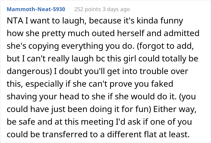 Student Decides To Test If This Flatmate Is Really Copying All Her Looks, Fakes Shaving Her Head As A Trap, Drama Ensues