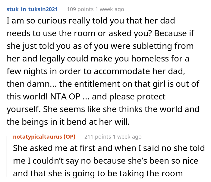 21 Y.O. Woman Gets Called Out For Refusing To Give Up Her Room Because Her Roommate&rsquo;s Dad Needed A Place To Sleep