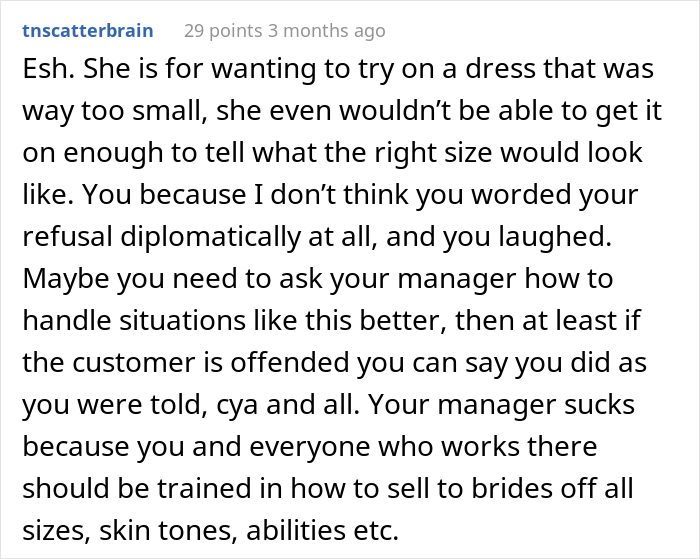 Size 30 Bride Demands To Try On A Size 14 Wedding Dress, Saleswoman Asks If She Was A Jerk To Give Her A Reality Check Size 30 Bride Demands To Try On A Size 14 Wedding Dress, Saleswoman Asks If She Was A Jerk To Give Her A Reality Check