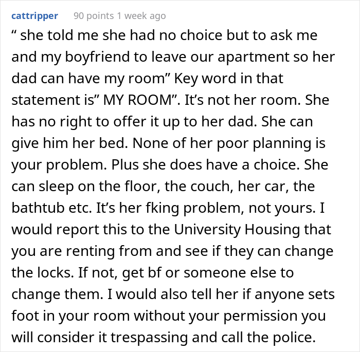21 Y.O. Woman Gets Called Out For Refusing To Give Up Her Room Because Her Roommate&rsquo;s Dad Needed A Place To Sleep