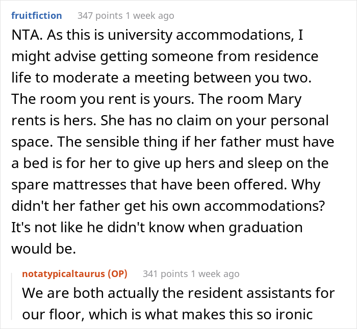 21 Y.O. Woman Gets Called Out For Refusing To Give Up Her Room Because Her Roommate&rsquo;s Dad Needed A Place To Sleep