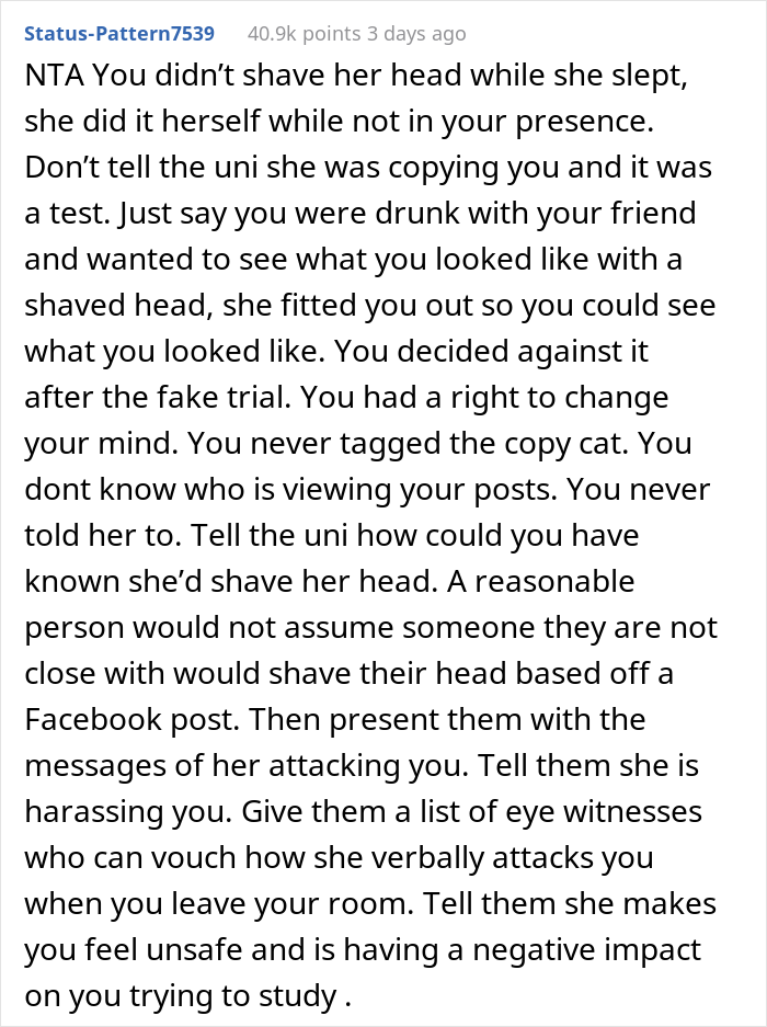 Student Decides To Test If This Flatmate Is Really Copying All Her Looks, Fakes Shaving Her Head As A Trap, Drama Ensues