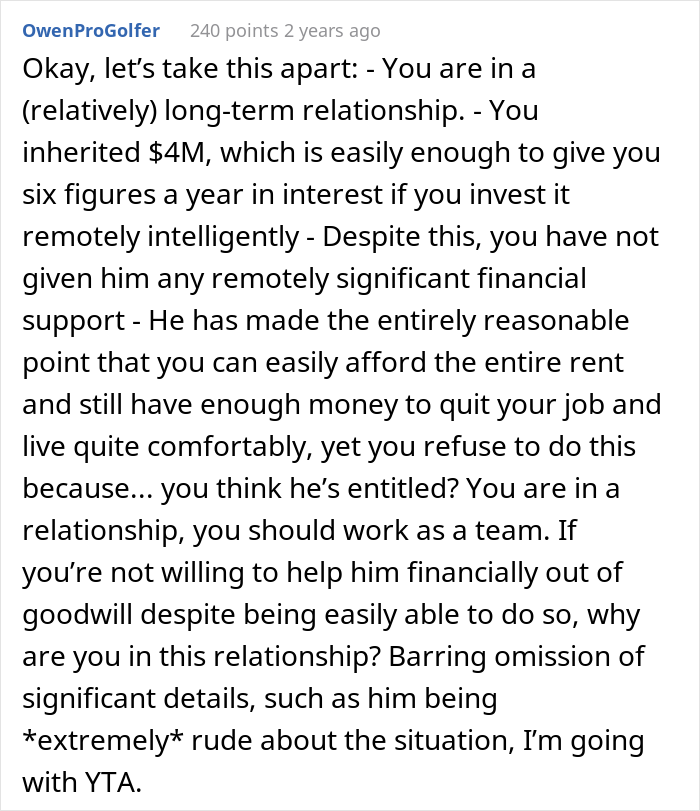 "Am I The Jerk For Telling My Boyfriend He Isn't Entitled To My Inheritance?"