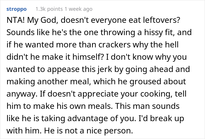 Boyfriend Flips Out After Girlfriend Makes Him Dinner From "Scraps", She Asks If She's The Jerk Here