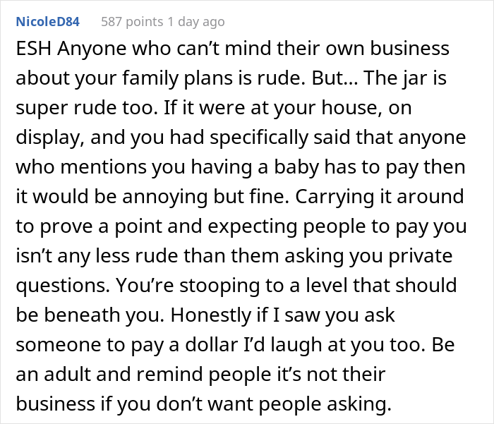 Family Calls This Woman A Jerk For Asking Them For A Dollar Every Time They Mention Her Not Having Kids