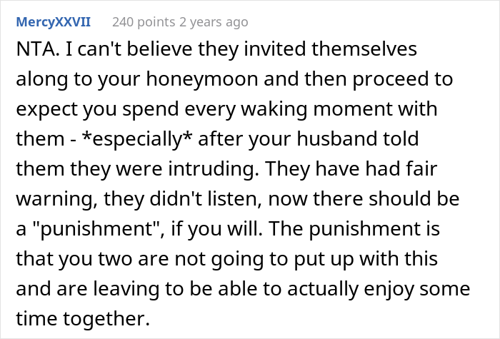 Newlyweds Are Surprised With All-Paid Honeymoon Getaway Trip, Find Out Groom's Parents Invited Themselves In, Drama Ensues After They Ask For Privacy Newlyweds Are Surprised With All-Paid Honeymoon Getaway Trip, Find Out Groom's Parents Invited Themselves In, Drama Ensues After They Ask For Privacy