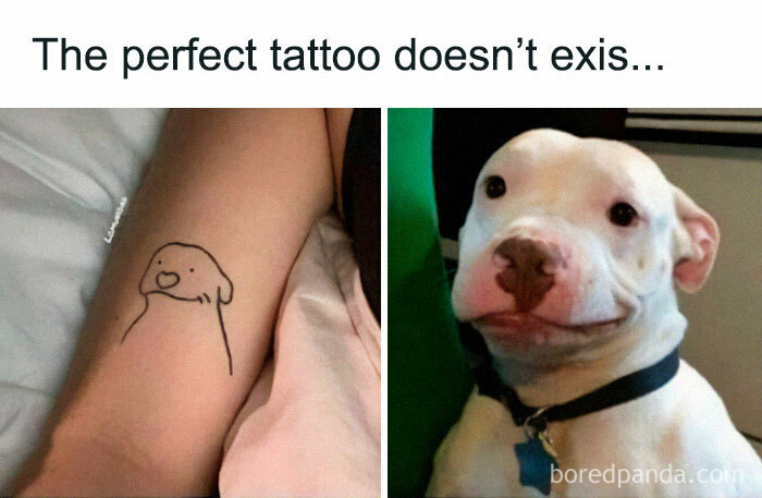 Simple dog tattoo on arm next to a smiling white dog, illustrating reasons why dogs are better than cats with images.