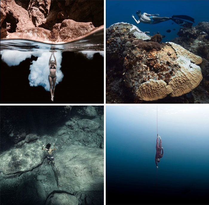 Underwater scenes showing people exploring deep waters, coral reefs, and vast ocean depths triggering thalassophobia fears.