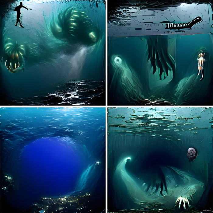 Underwater scenes showing deep waters with eerie creatures and silhouettes, evoking fear of deep waters or thalassophobia.