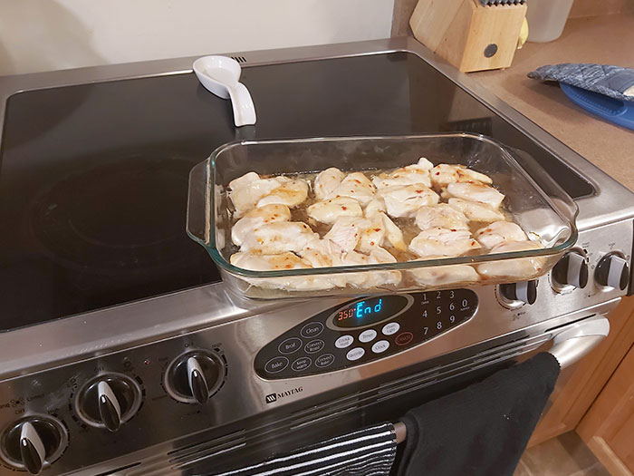 This Is How My Wife Leaves A Dish After Taking It Out Of The Oven And Walks Away. We Have Children And A Dog