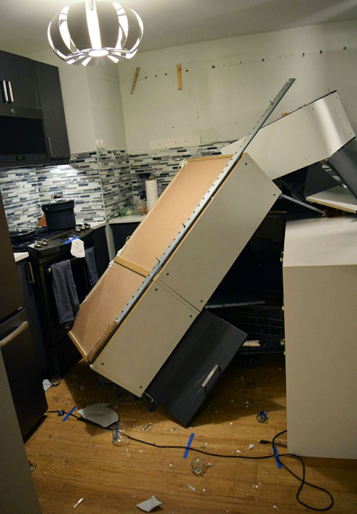 This Is Why You Don't Hire Contractors Who Secure Cabinets To Dry Wall Only. Thousands In Damage Last Night