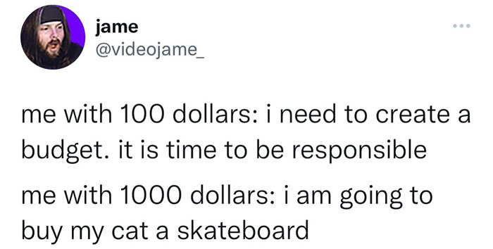 Funny meme about budgeting; choosing responsibility with $100, splurging on cat's skateboard with $1000 from Instagram page.