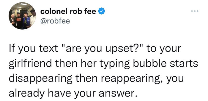 Humorous meme about texting your girlfriend and seeing typing bubbles, shared on a popular Instagram page.