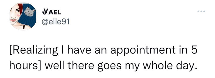 Hilarious meme about realizing an appointment in 5 hours, humorously expressing frustration about losing the whole day.