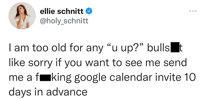 Meme text humor about needing a Google Calendar invite instead of casual meet-up messages.