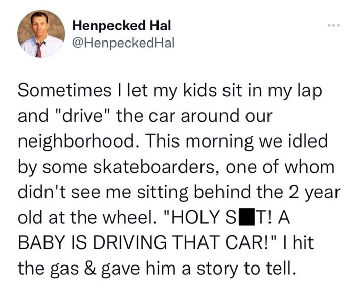 Tweet about a kid pretending to drive a car, surprising skateboarders. Funny meme from a popular Instagram page.