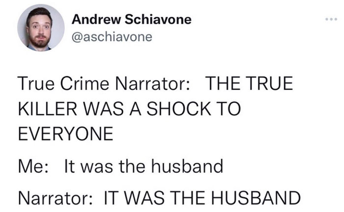 Hilarious meme about true crime narrators revealing the husband as the killer.