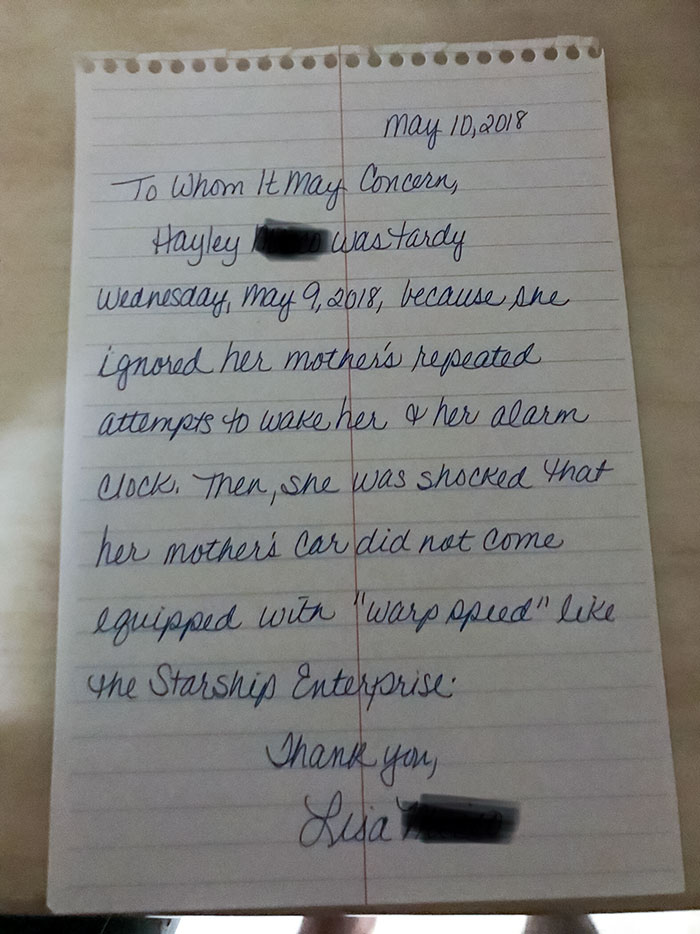 What My Mother Wrote To Excuse My Sister’s Tardiness