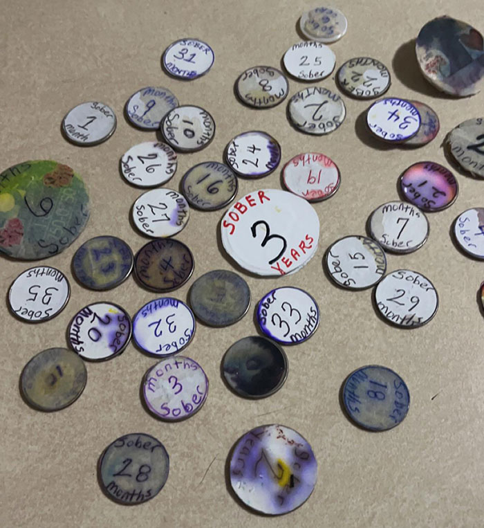 Today Is 3 Years Sober, So I Thought I’d Share The Sobriety Coins My Mom Has Been Making Me