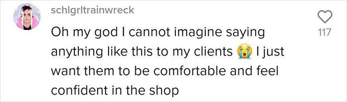 Text response about tattoo artist's inappropriate behavior, emphasizing client comfort and confidence.