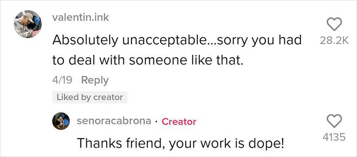 Social media comments discussing tattoo artist issues, expressing support and appreciation for their work.