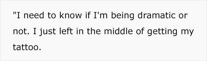 Text discussing a woman leaving mid-tattoo session, questioning her reaction.