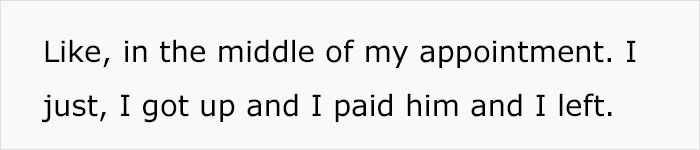 Text about a woman leaving her tattoo appointment mid-session after paying.