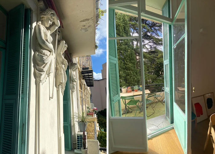 My Mom’s 1920’s Apartment In The South Of France. I’m Obsessed With The He Shutters And Stone Ladies On The Facade