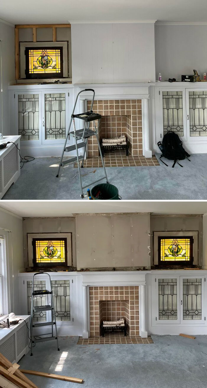 Doing Some Painting And Carpet Removal In Our 1920s Dutch Colonial When We Realized These Stained Glass Windows Were Underneath The Wood Paneling