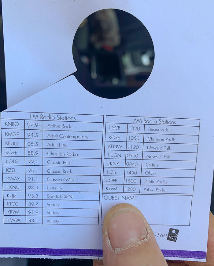 Our Hotel’s Valet Tag, Has All The Local Radio Stations For People From Out Of Town