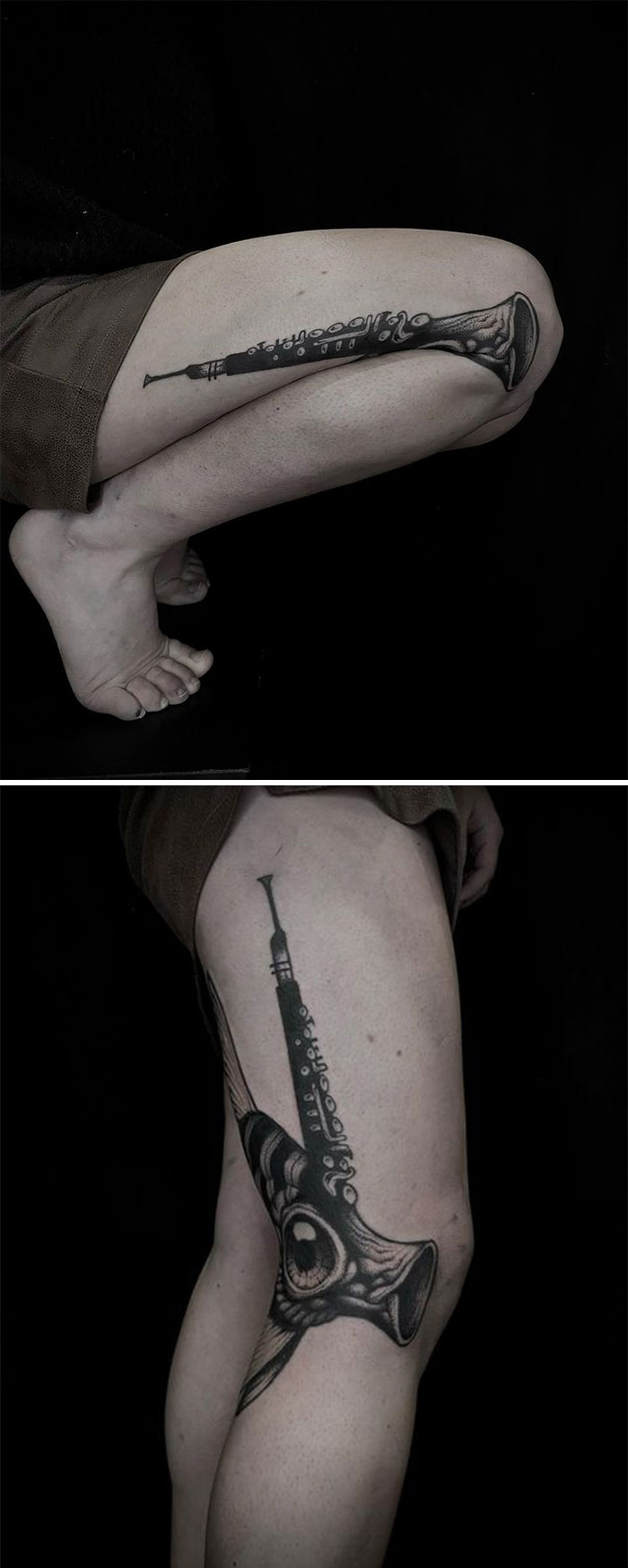 Tattoo of a clarinet on a leg, revealing its full design when the knee is bent.