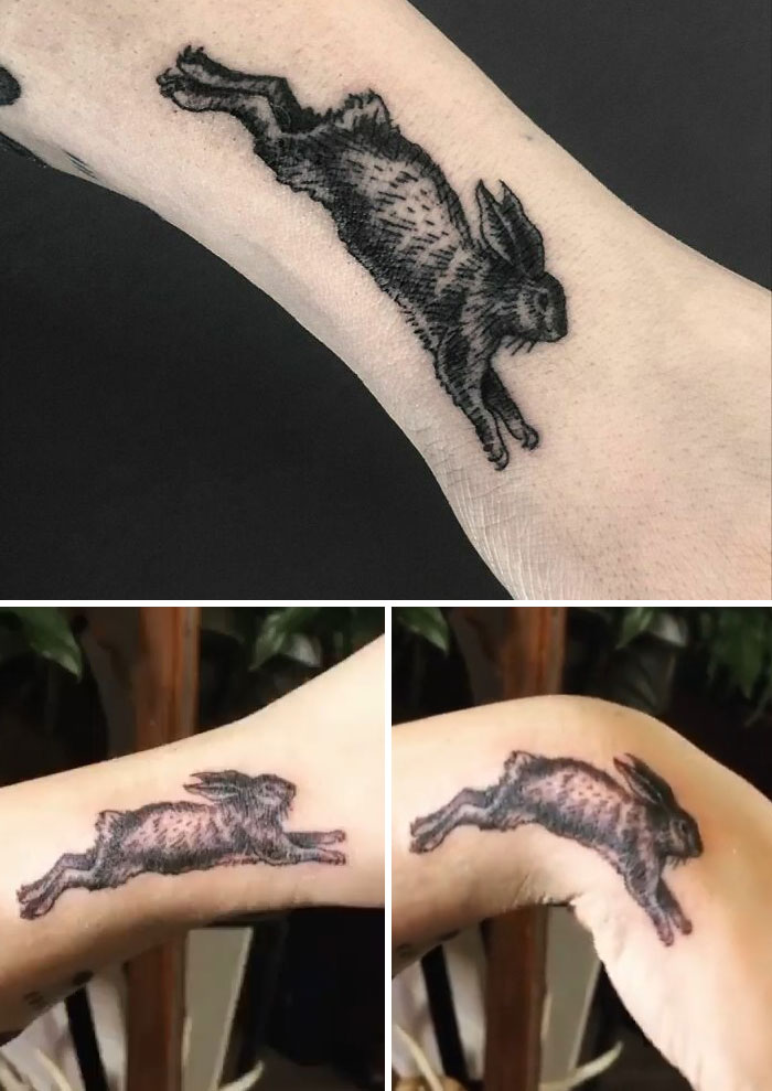 A rabbit tattoo reveals dynamic motion as the arm moves, showcasing the genius design.