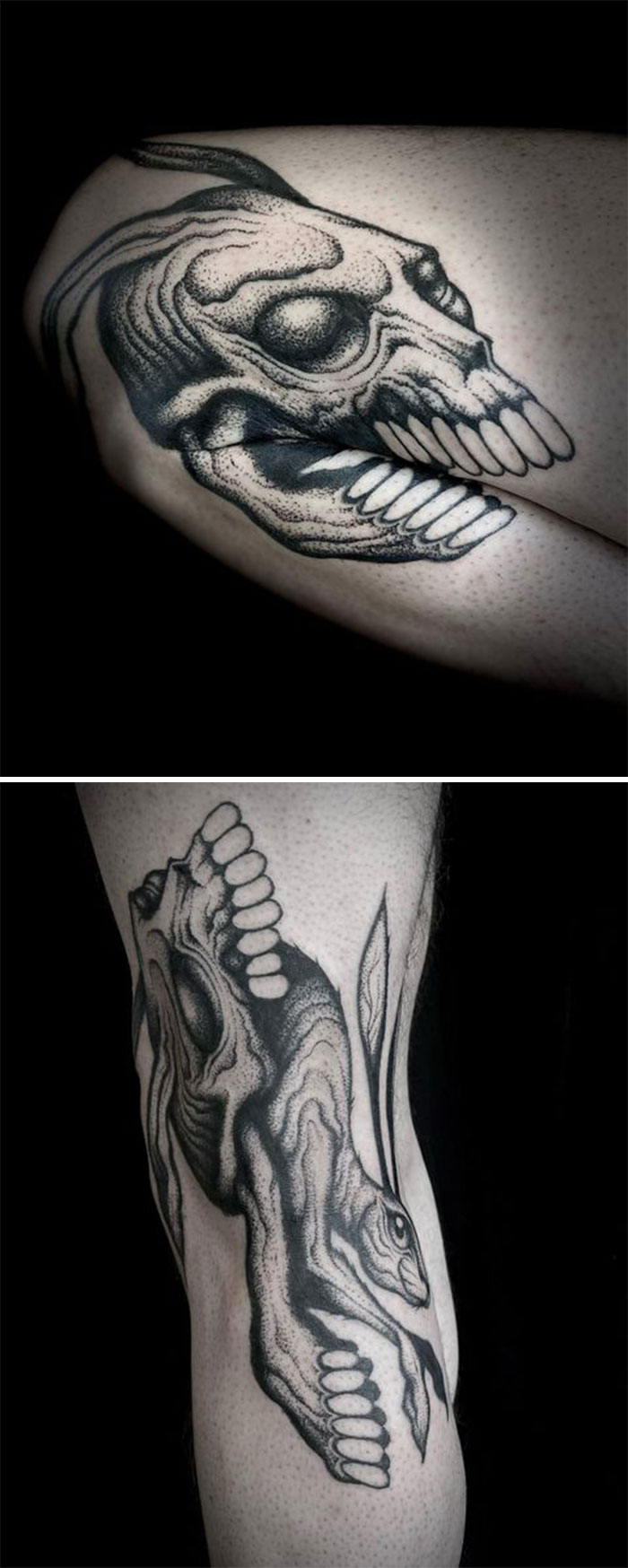 Tattoo of a stylized skull on an arm, revealing a hidden animal design when the limb moves.