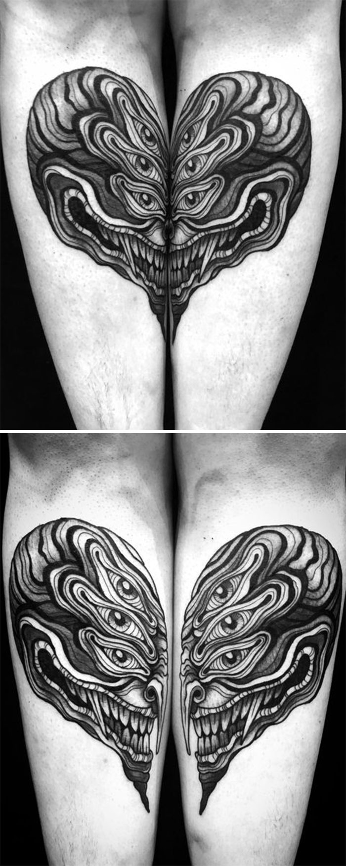 Unique tattoos forming a face when knees are together, showcasing their genius design when the canvas moves apart.