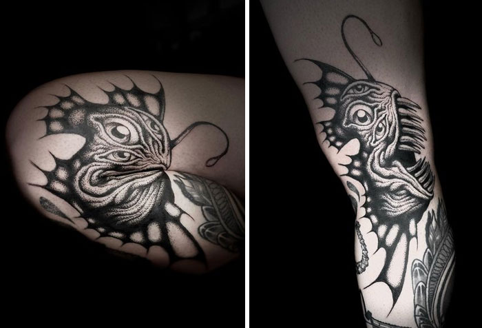 Dynamic tattoos revealing an intricate design as the skin moves.