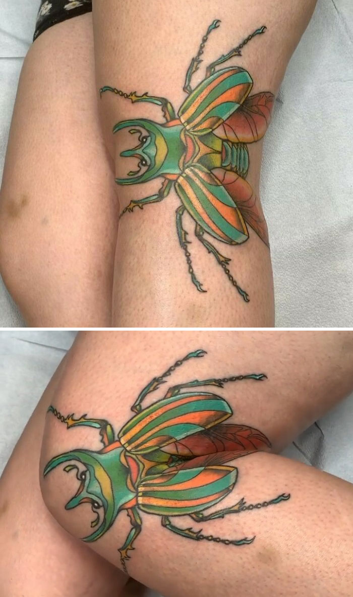 Colorful beetle tattoo artfully designed to reveal its full glory across a person's knee.