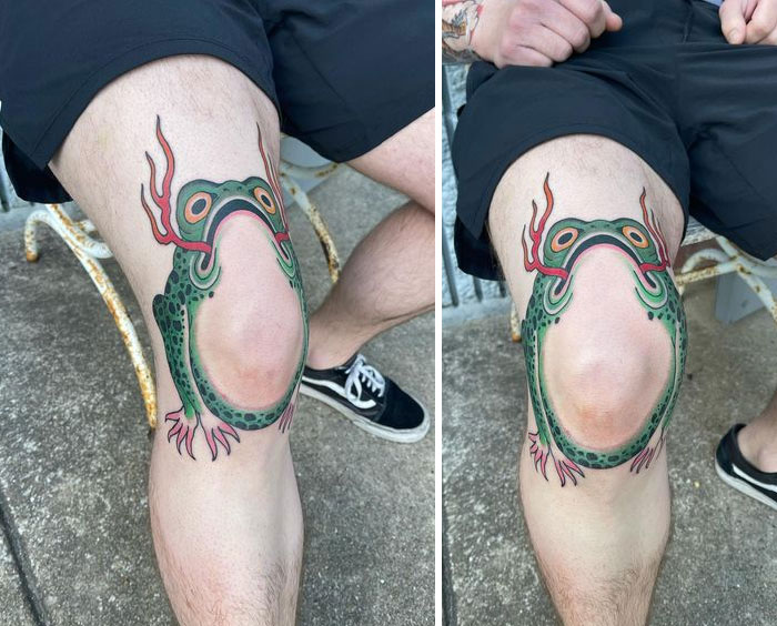 Knee tattoo of a green frog design that changes appearance when the leg is bent, showcasing its genius artistry.