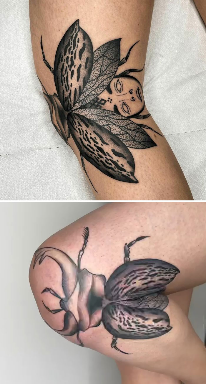 A creative tattoo of a beetle transforms as the knee bends, revealing intricate details and genius artistry.