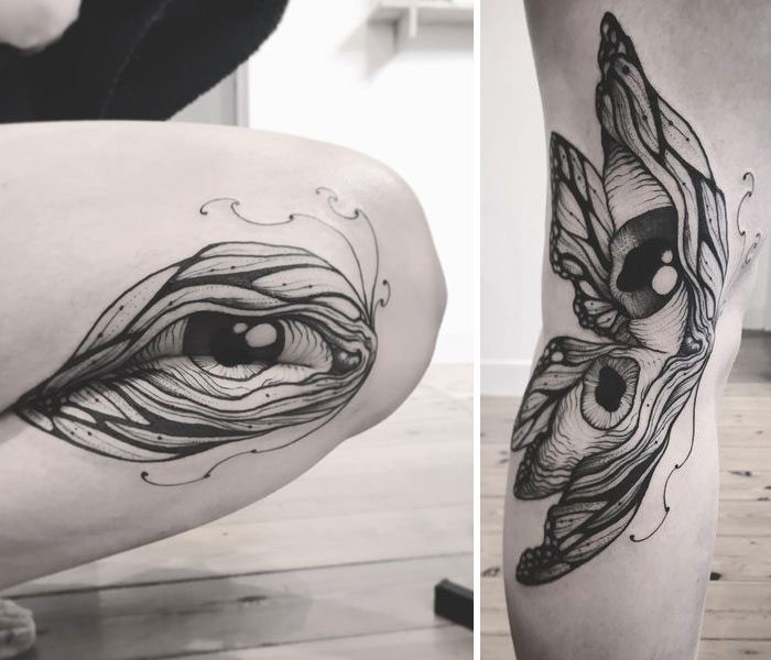 Creative tattoos on thighs, transforming when legs move, showcasing intricate designs and optical illusions.