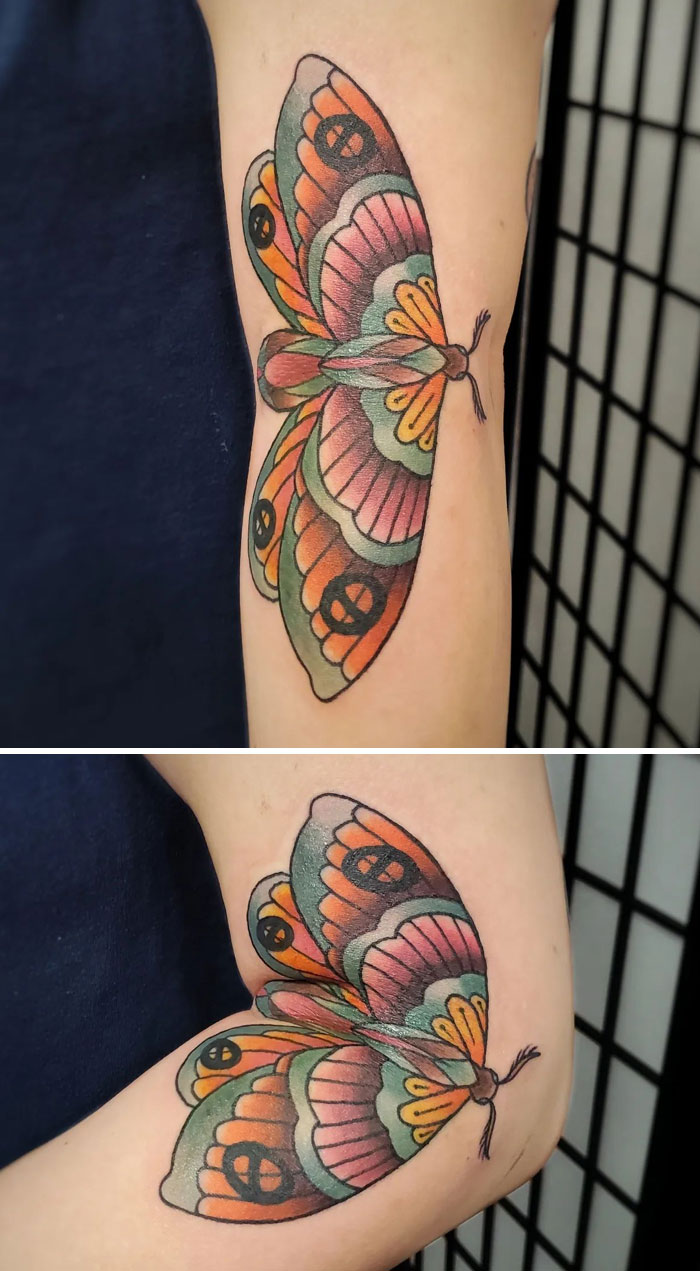 Colorful butterfly tattoo reveals brilliance as the arm moves.