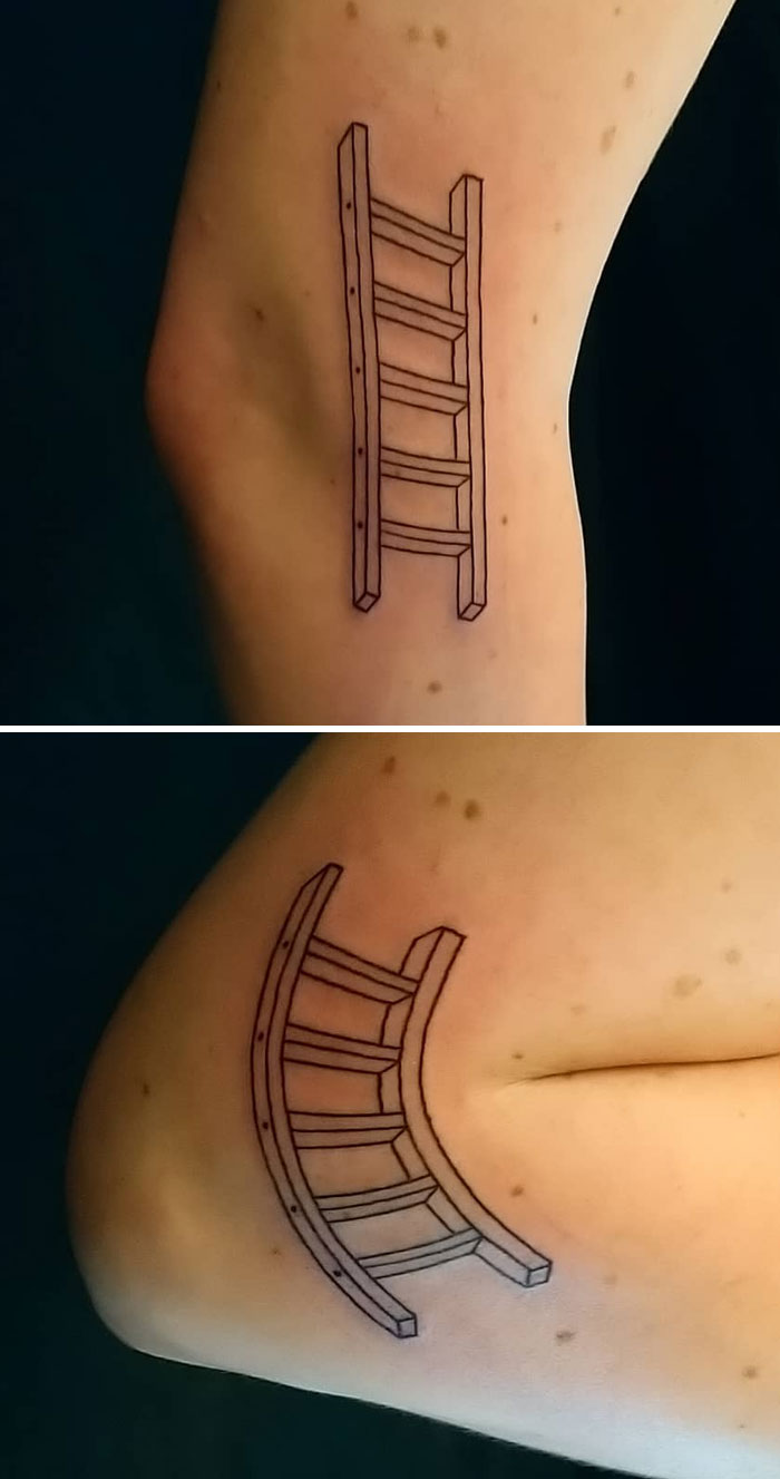Genius tattoos: ladder on arm changing shape with movement, showing creativity and flexibility.