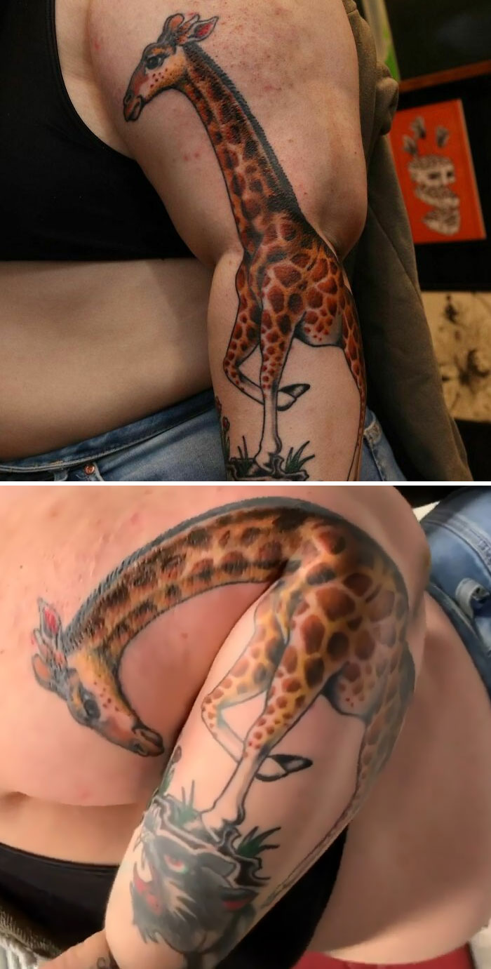 A genius tattoo of a giraffe that changes as the arm bends, creating a unique moving art effect.