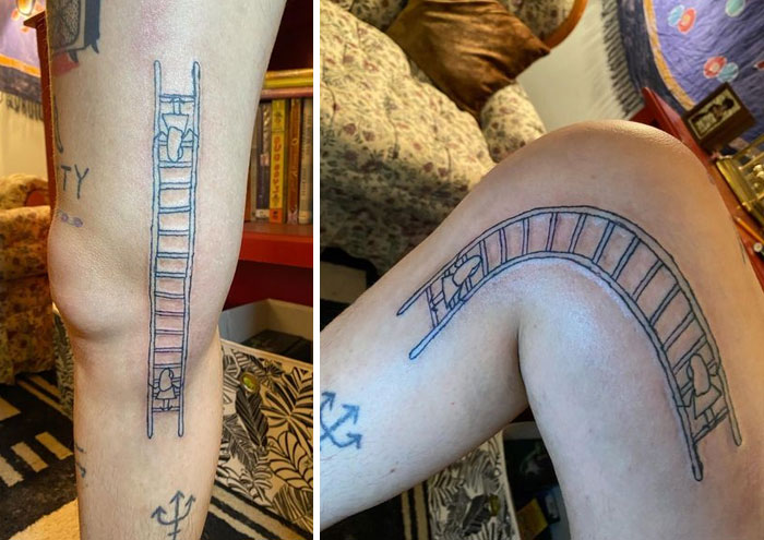 Tattoo of a ladder on a leg, showcasing a hidden design when the knee is bent.