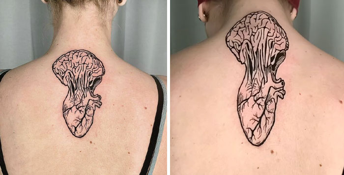 Tattoo of a brain and heart on a person's back, revealing detailed design when they move.