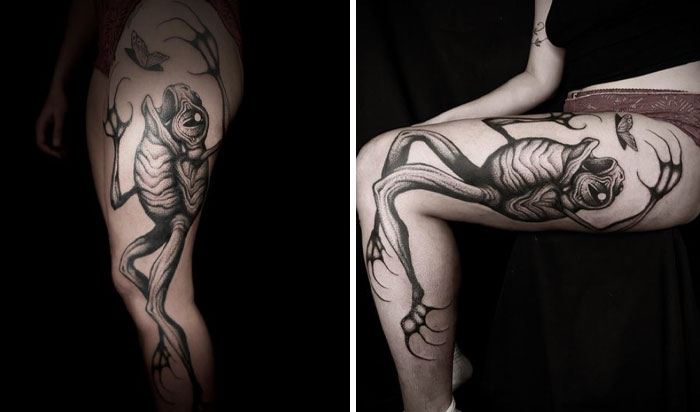 Moving tattoos reveal a frog design on a person's thigh, changing as the leg bends.