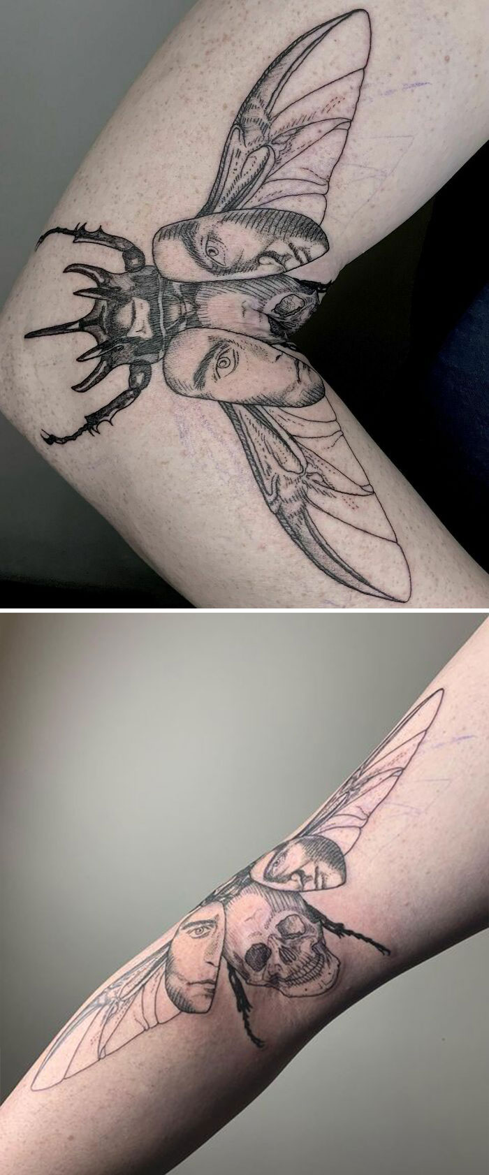 Tattoo of a beetle with intricate artwork revealing its full design when the arm moves.